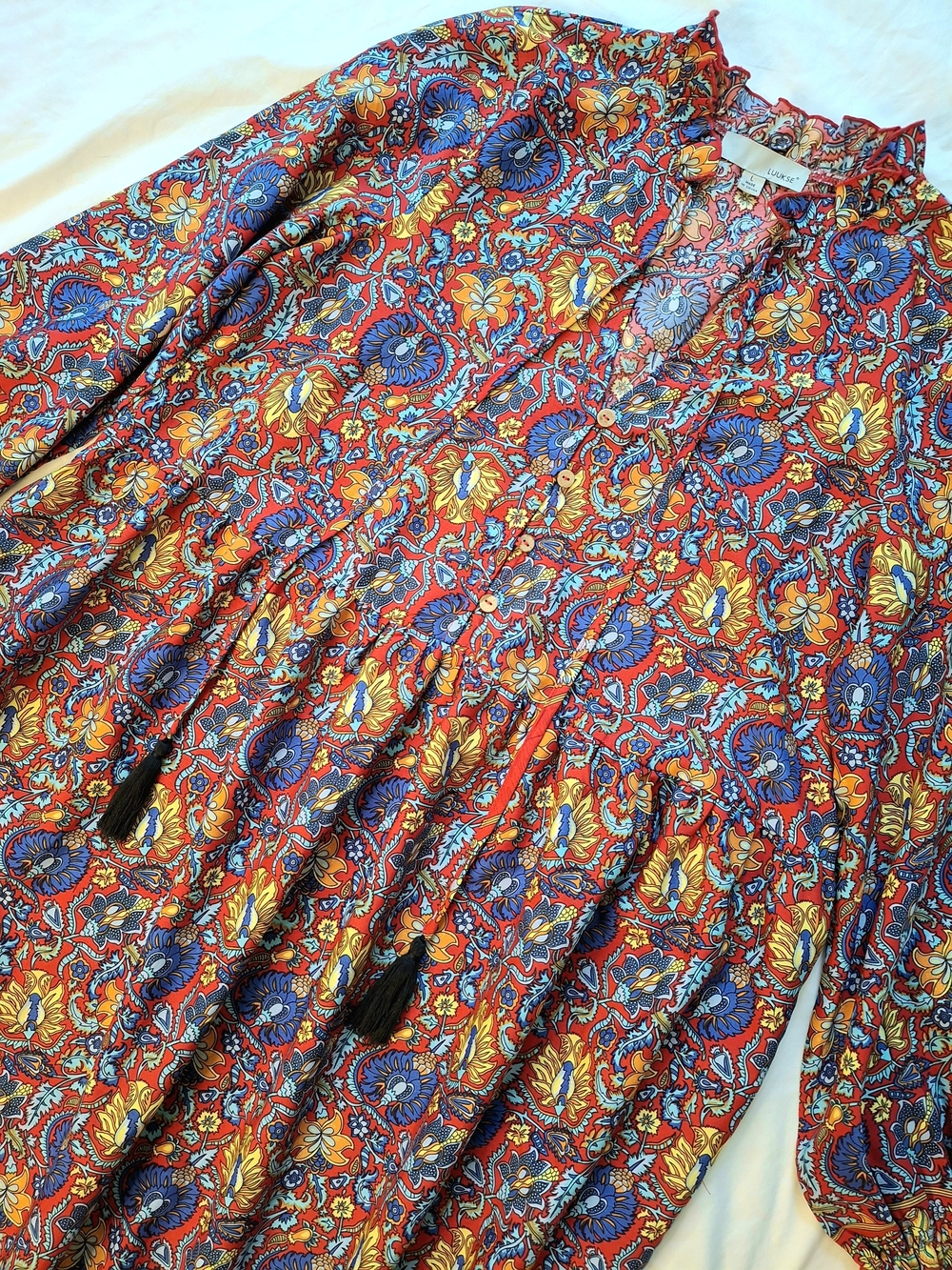Luukse Boho Floral Maxi Dress Red Blue Tassel Tiered Long Sleeve L